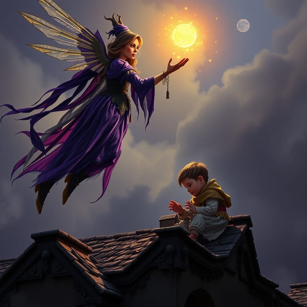 Fairy's Flight Over War-Torn Land in Dark Fantasy Style