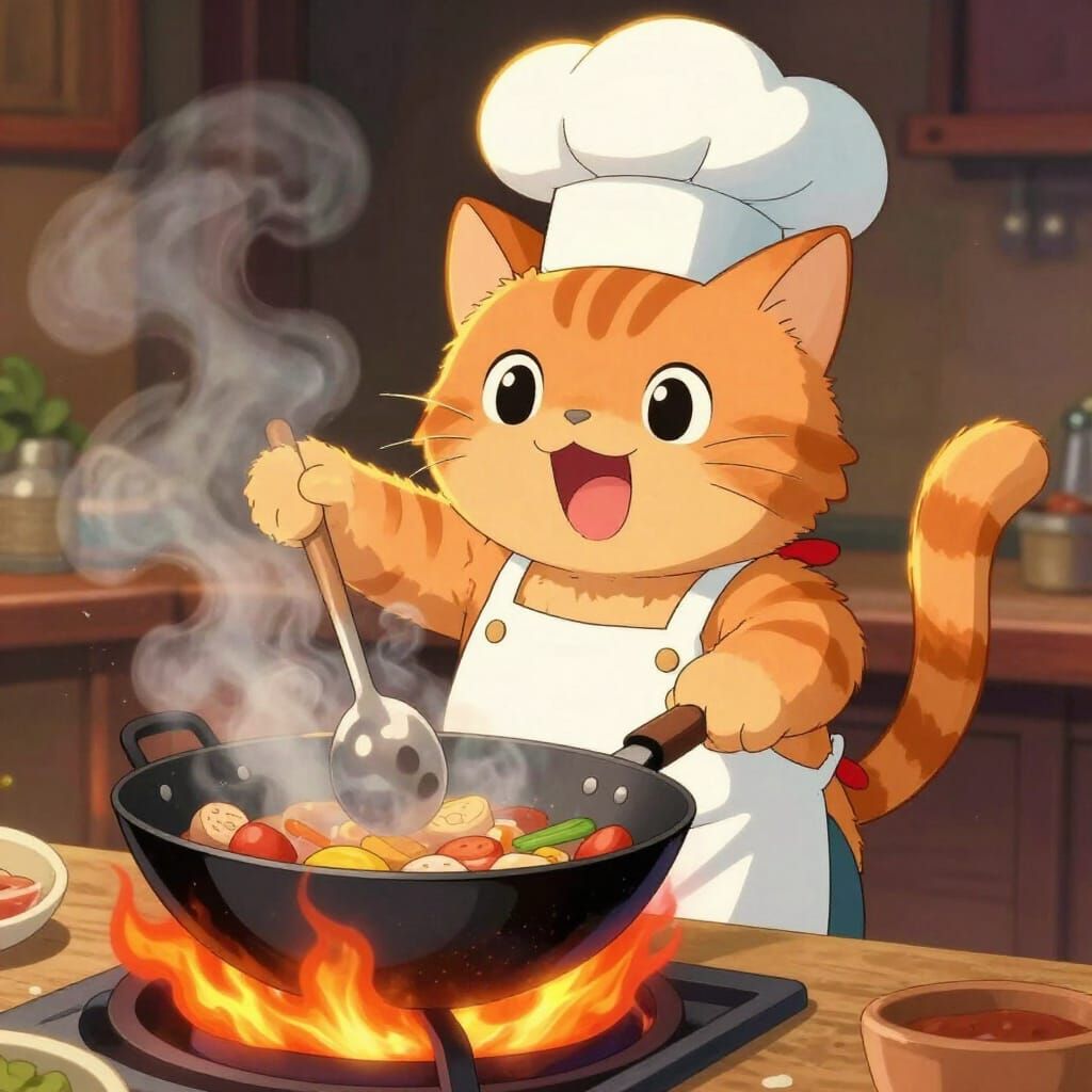 Ginger Cat Chef Cooking in Wok, Anime Style