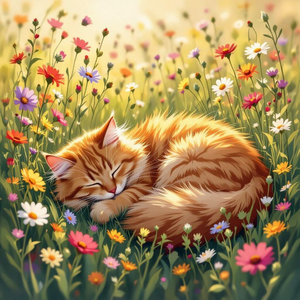 Fluffy Ginger Cat Sleeps in Wildflower Field