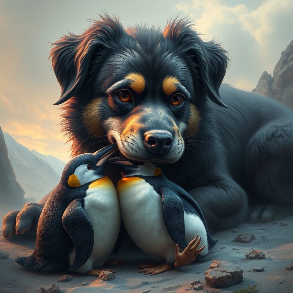 Fantastical Dog Devours Penguin in Dreamlike Landscape