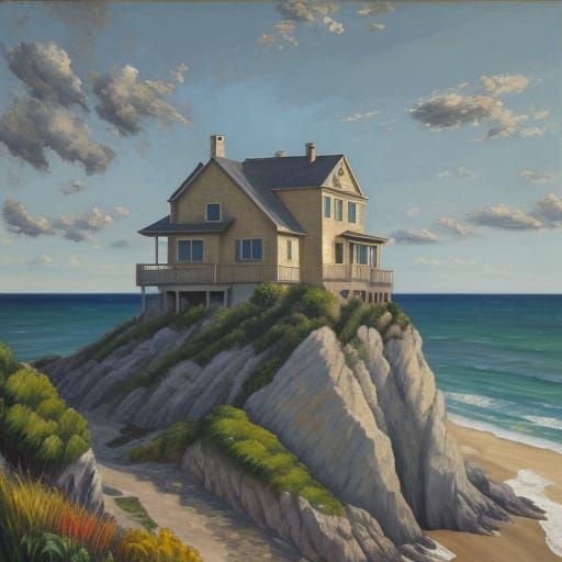 Beach House Cliffside Oil Painting in Cezanne Style