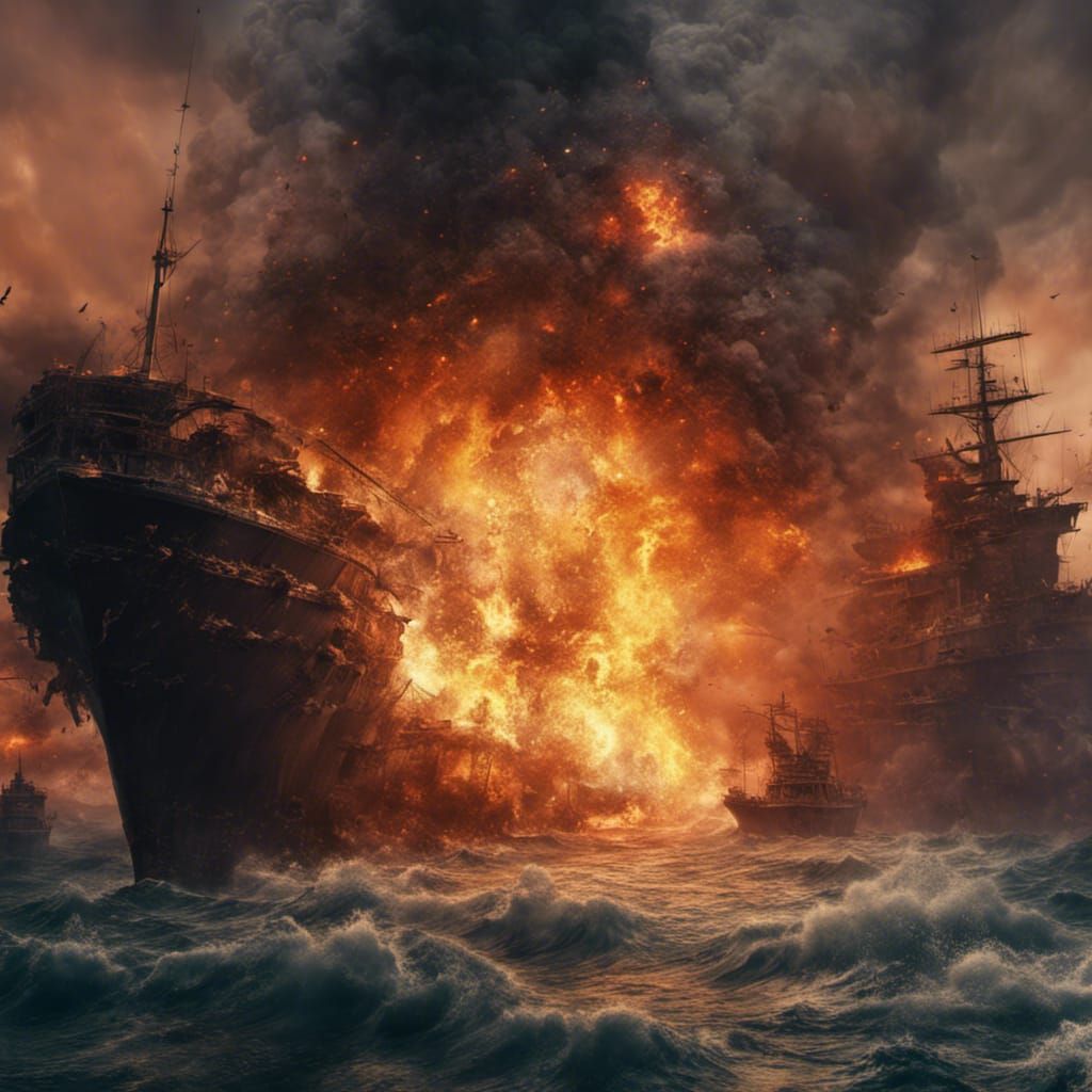 Warship Explosion at Sea: Detailed Matte Painting