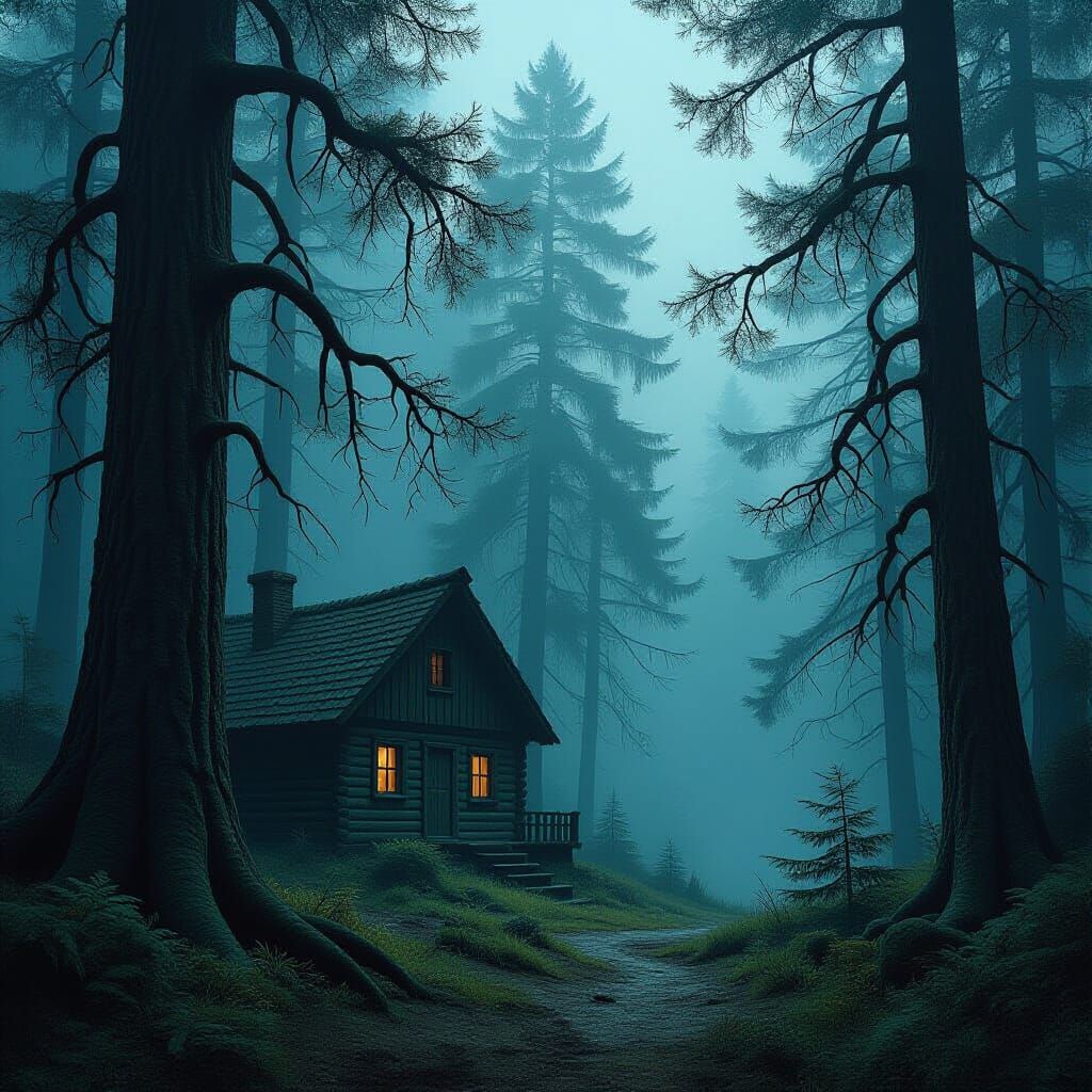 Ancient Forest Cabin in Misty Atmosphere