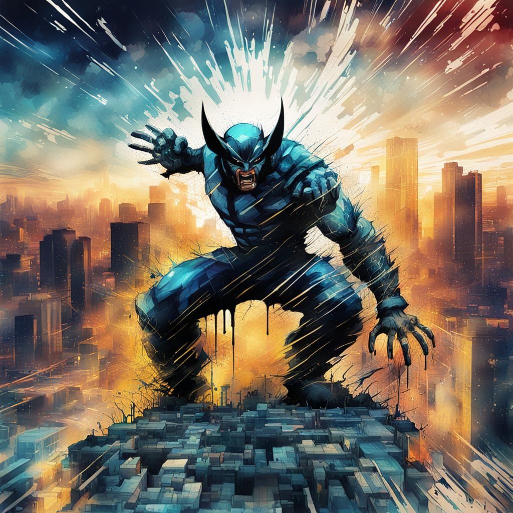 Electric Shadow Wolverine in Watercolor Graffiti Style
