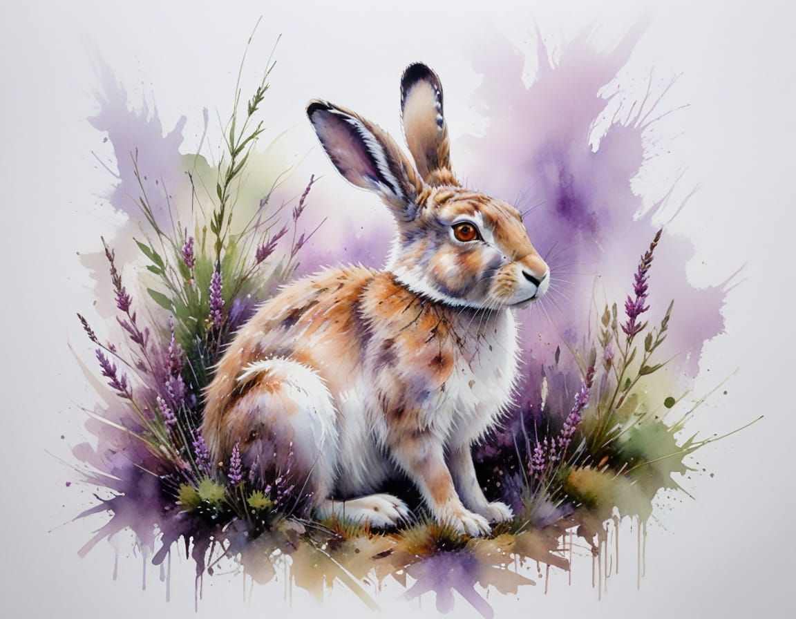 Mountain Hare in Heather Watercolour Painting