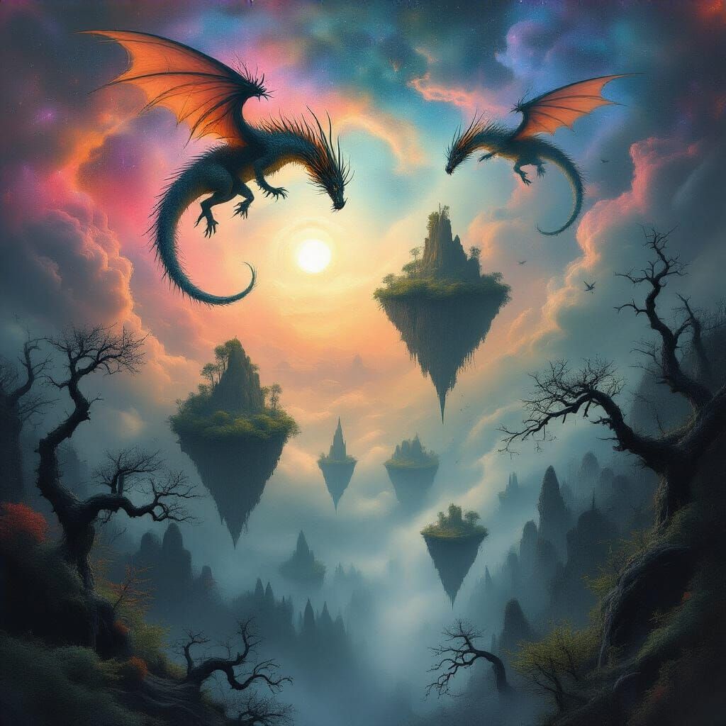 Ethereal Dragons in a Cosmic Forest: Dark Fantasy Art