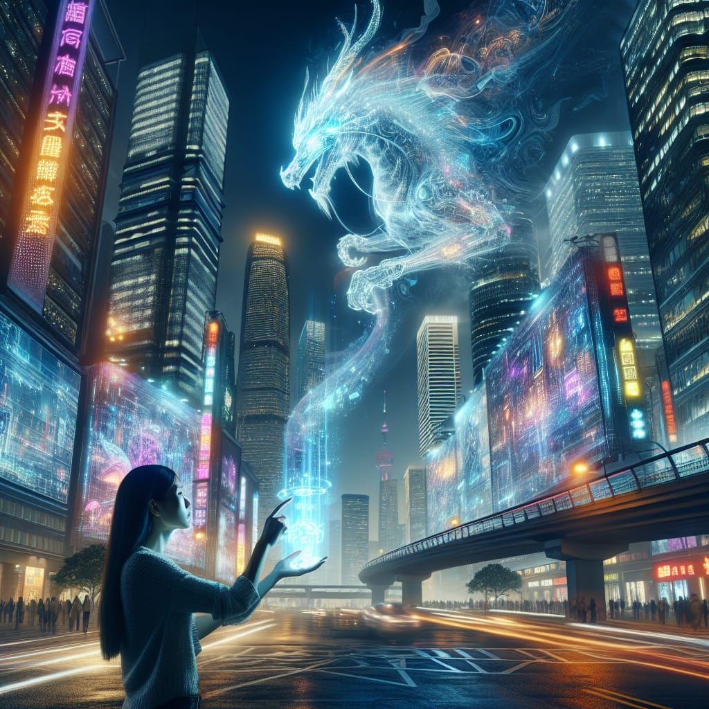 Future Urban Dreamscape at Night in Vibrant Neon and Hologra...
