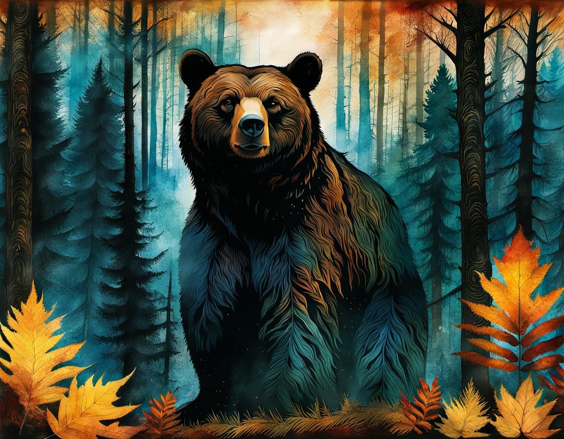 Grizzly Bear Silhouette in Fall Forest Double Exposure