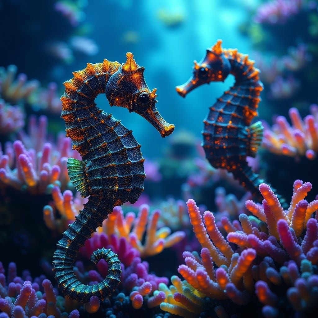Glimmering Seahorses in Vibrant Coral Reef: Painterly Style