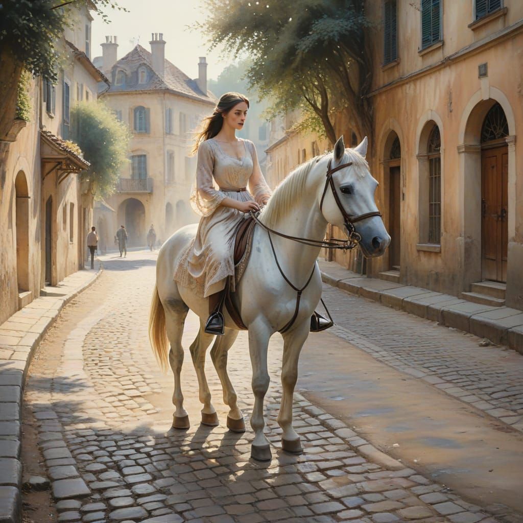 Woman in Antique Dress Riding Horse in Watercolor Style