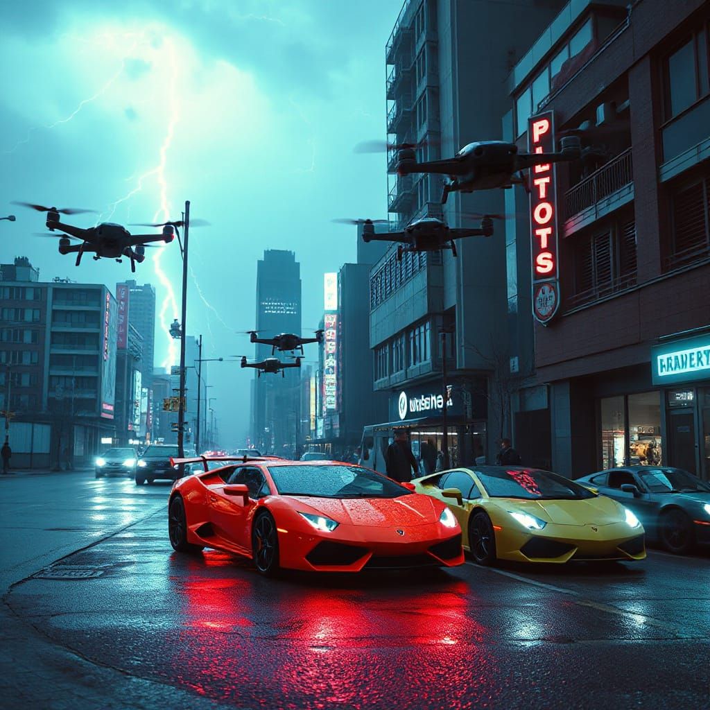 Cyberpunk Dystopian City Drone Race in Thunderstorm