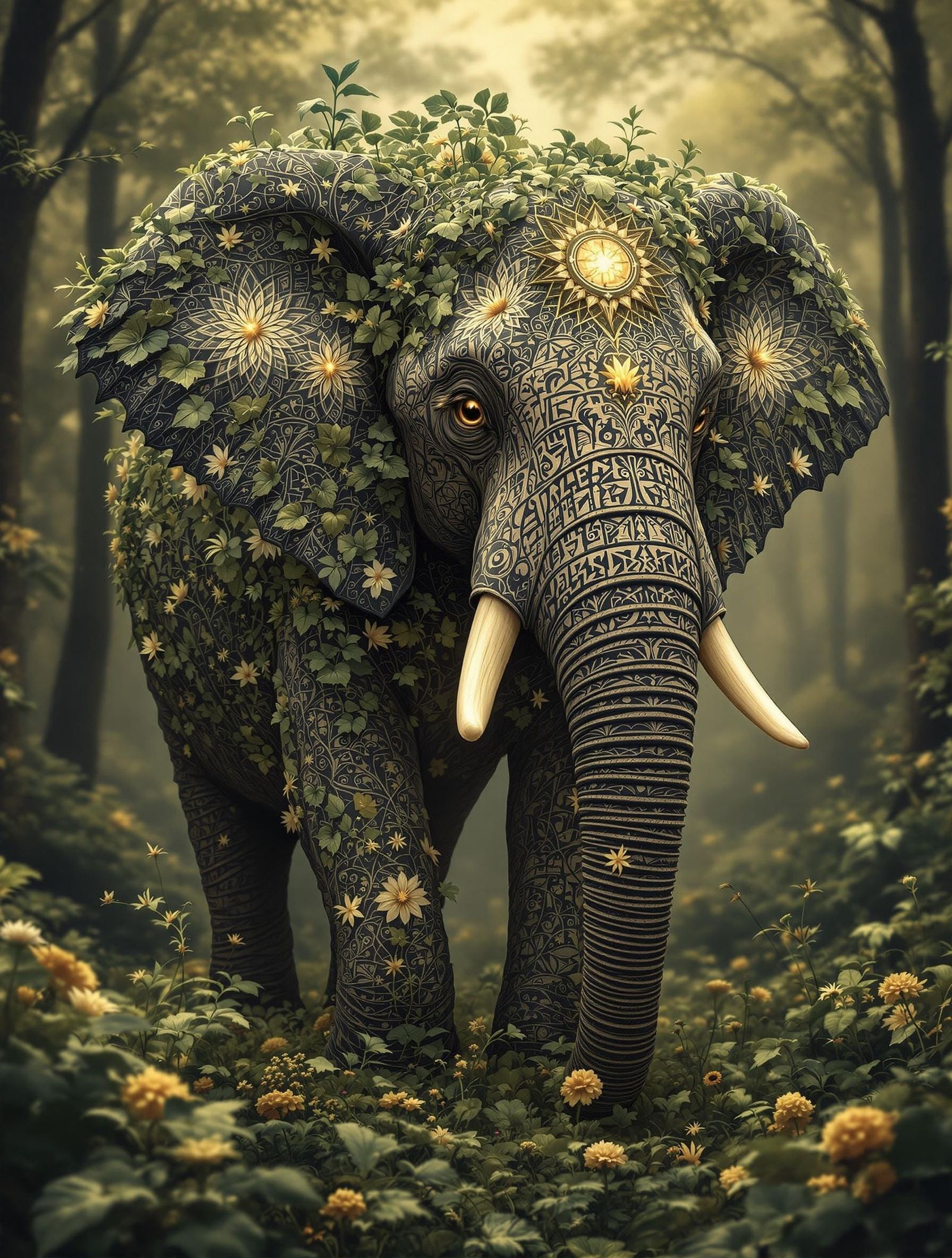 Elephant Emerging from Tapestry of Flora and Fauna