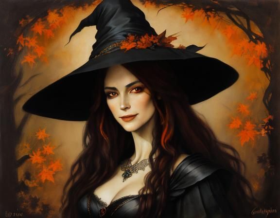 Portrait of a Smiling Witch in Fall, Chiaroscuro Style