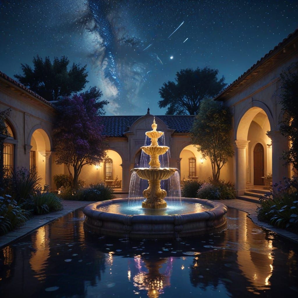 Glowing Fountain in Moonlit Courtyard
