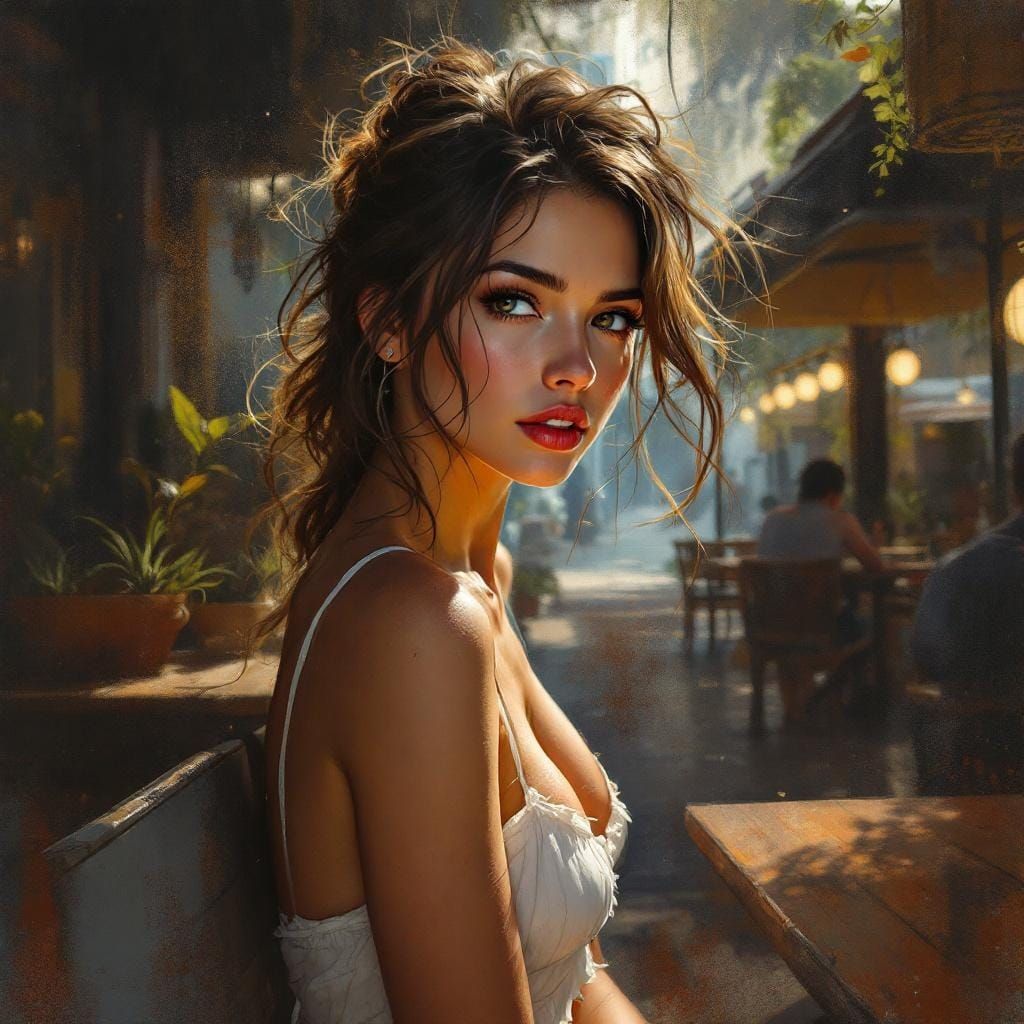 Ethereal Expressionist Portrait in Rainy Cafe