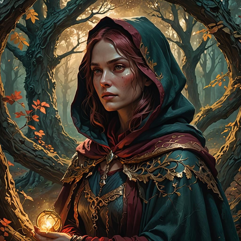 Mature Red Riding Hood in Dark Fantasy Forest