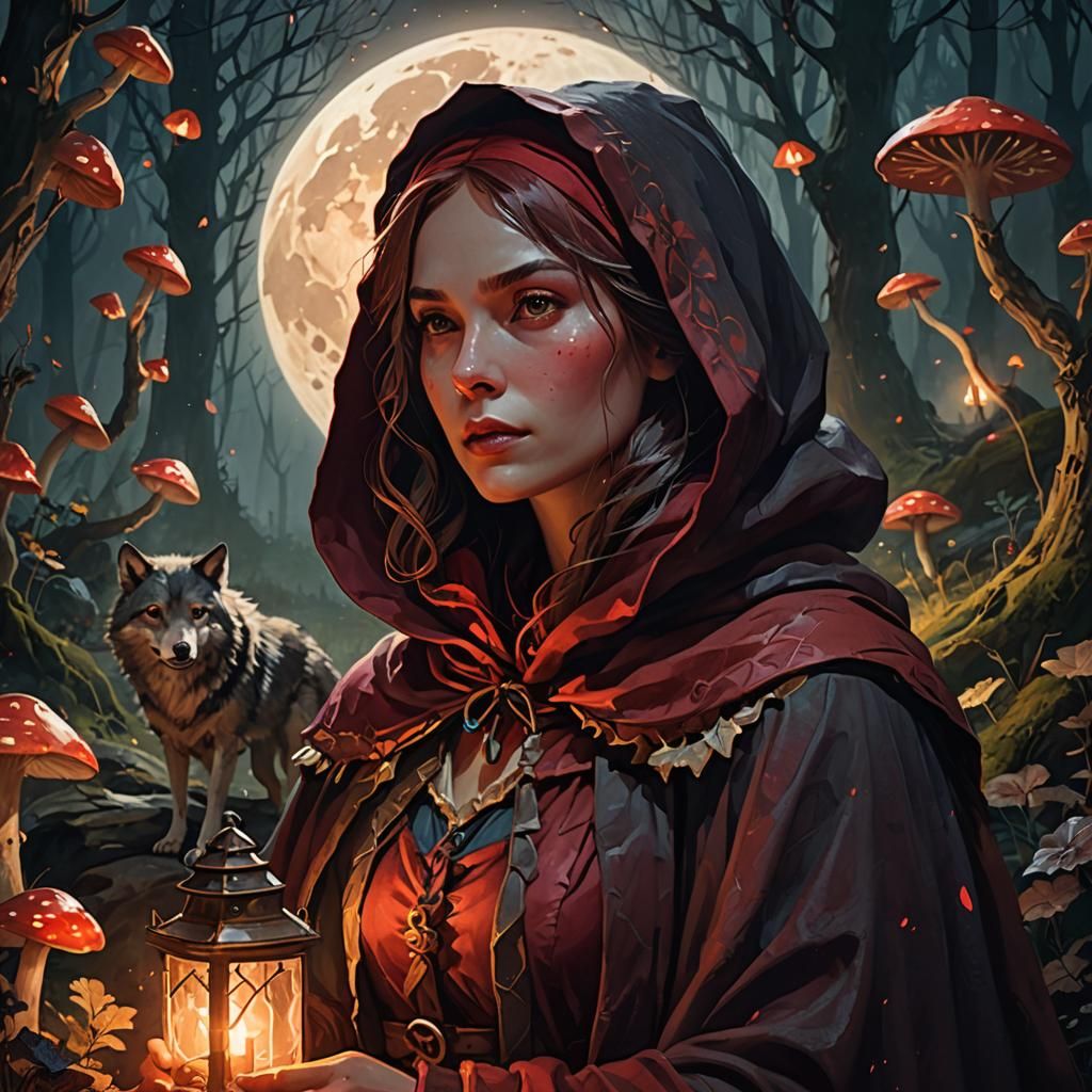 Red Riding Hood Reflects in Misty Forest