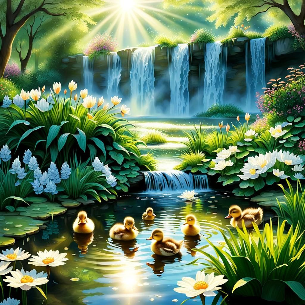 Ducklings at Waterfall in a Magical Garden