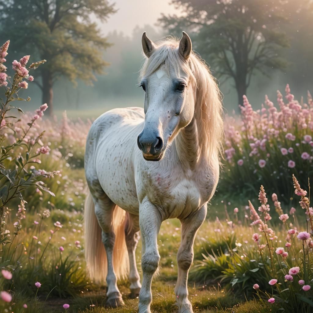 Dreamy Little Horse in Misty Meadow