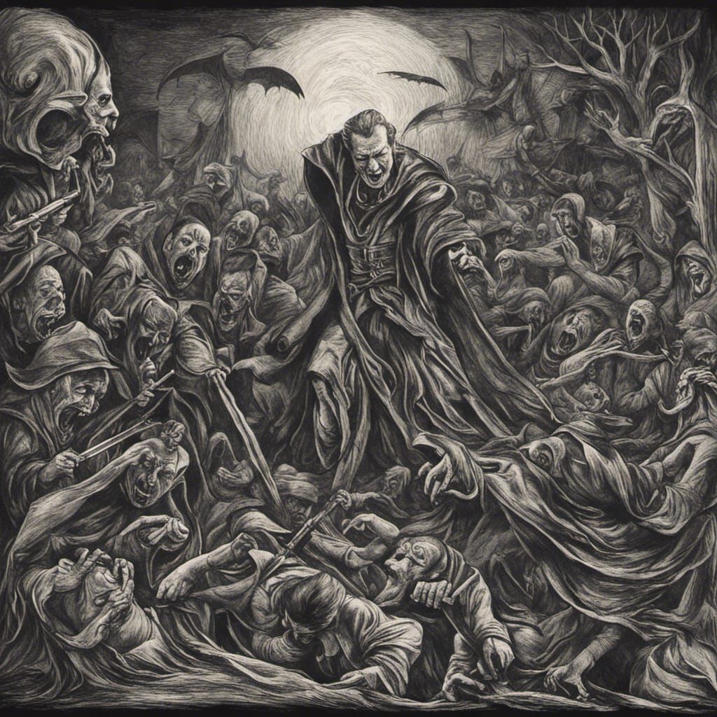 Vampire Attack in Woodcut Style Charcoal Drawing