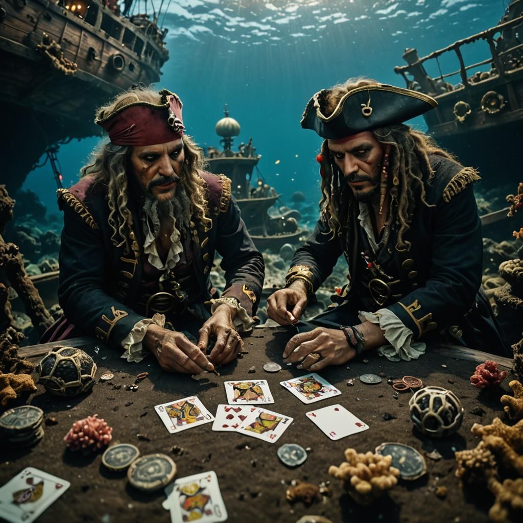 Ghoulish Pirates Play Cards on Ocean Floor