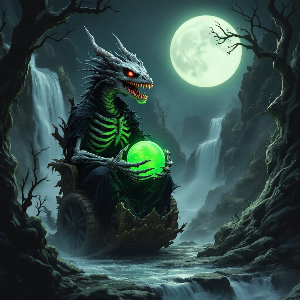 Skeletal Dragon with Glowing Orb in Surreal Carriage