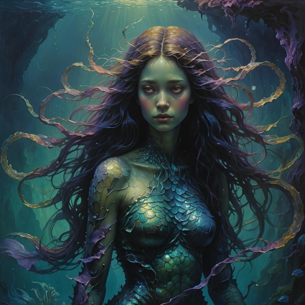 Surreal Mermaid in Underwater Cave as Oil Painting