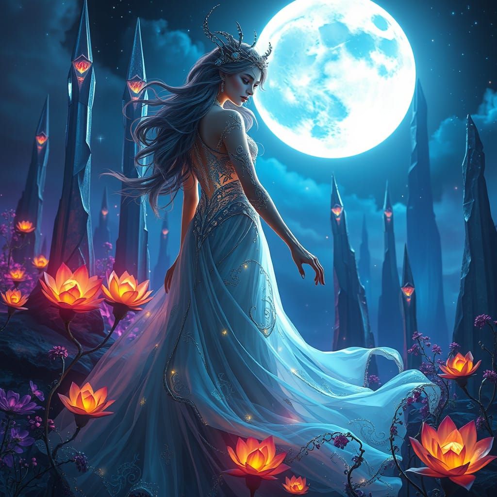 Ethereal Moon Goddess in Vibrant Nightscape