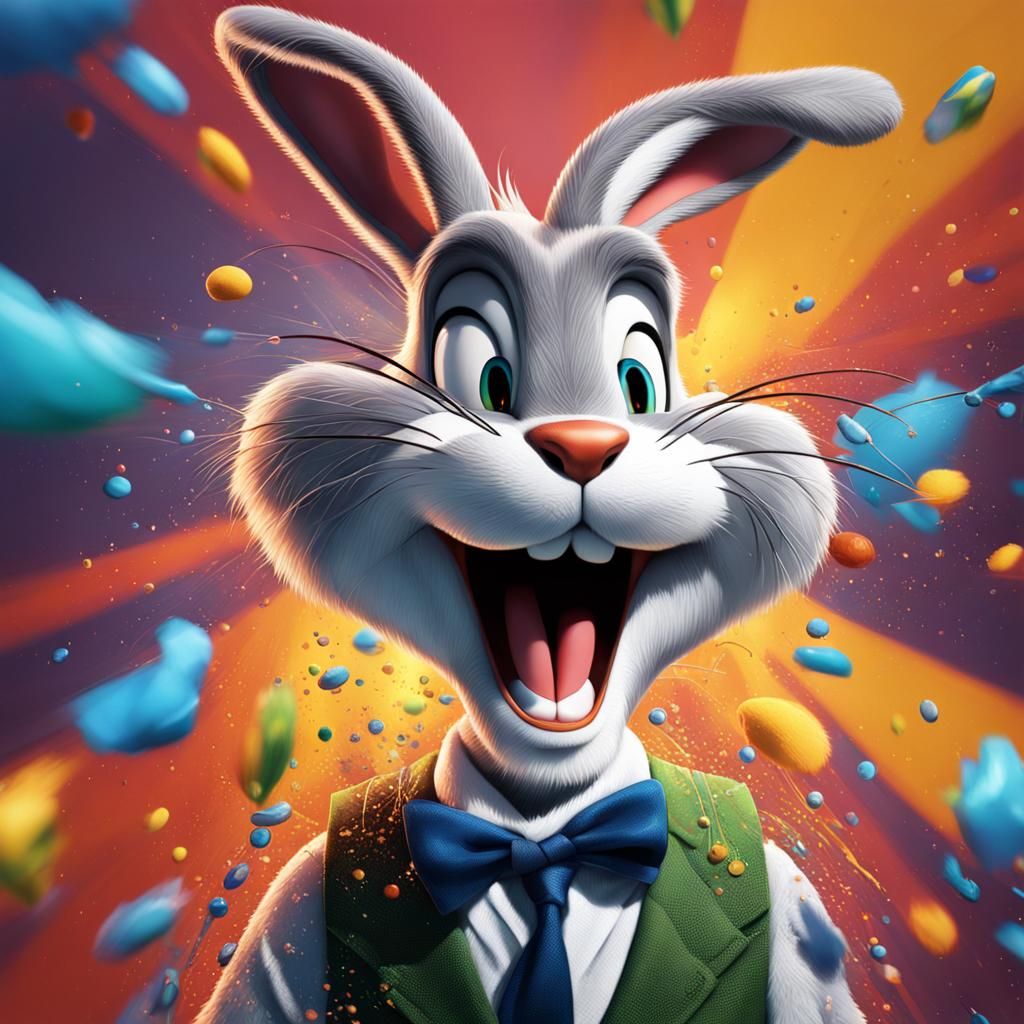 bugs bunny Hyperrealistic, splash art, concept art, mid shot, intricately detailed, color depth, dramatic, 2/3 face angl...