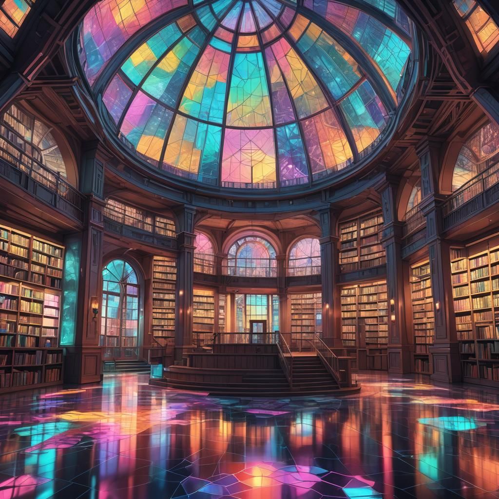 Cyberpunk Library with Abstract Fractals and Glass Dome