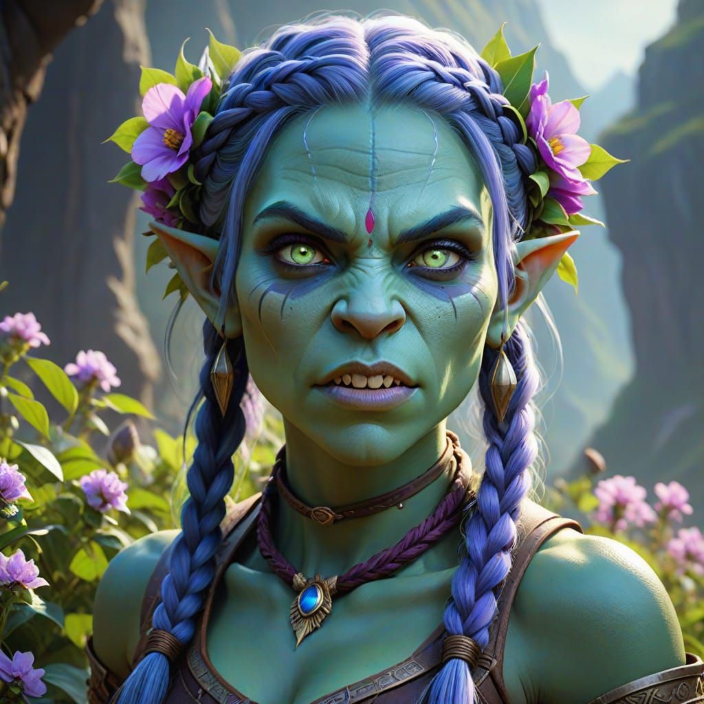 Surreal Fantasy Portrait of a Young Green-Skinned Orc Girl