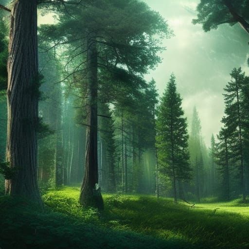 Lush Pine Forest Under Blue Sky