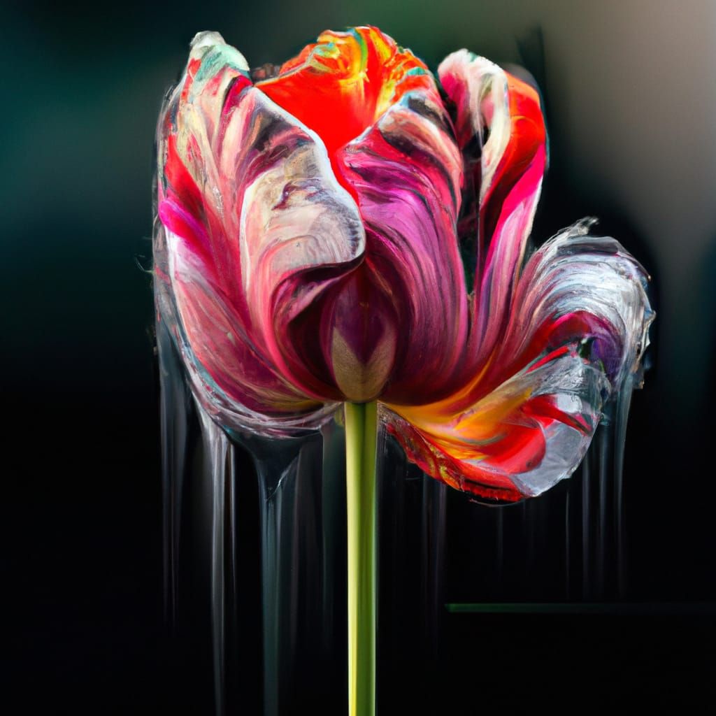 Photorealistic Tulip with Japanese Calligraphy and Oil Splas...