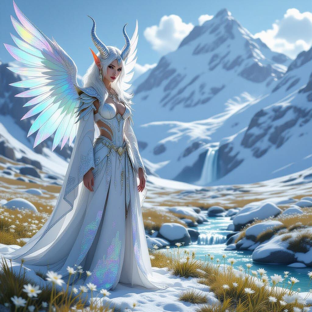Iridescent Humanoid Creature in Snowy Landscape