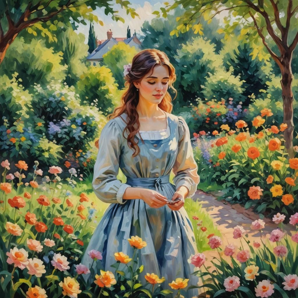 Impressionistic Painting of Girl in Garden