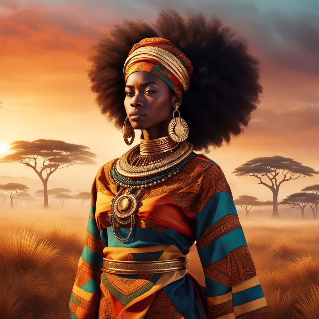 Swedish Woman in Afro-Surrealist Sunset Savannah