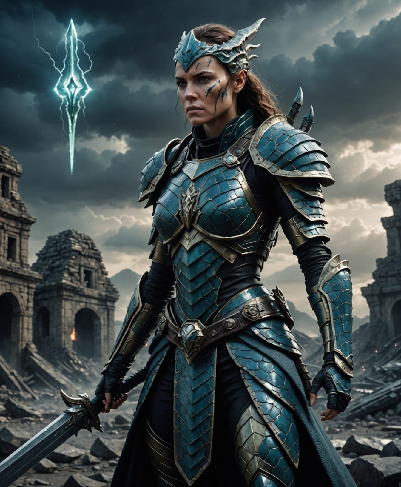 Reptilian female warrior general, scaled skin integrated wit...