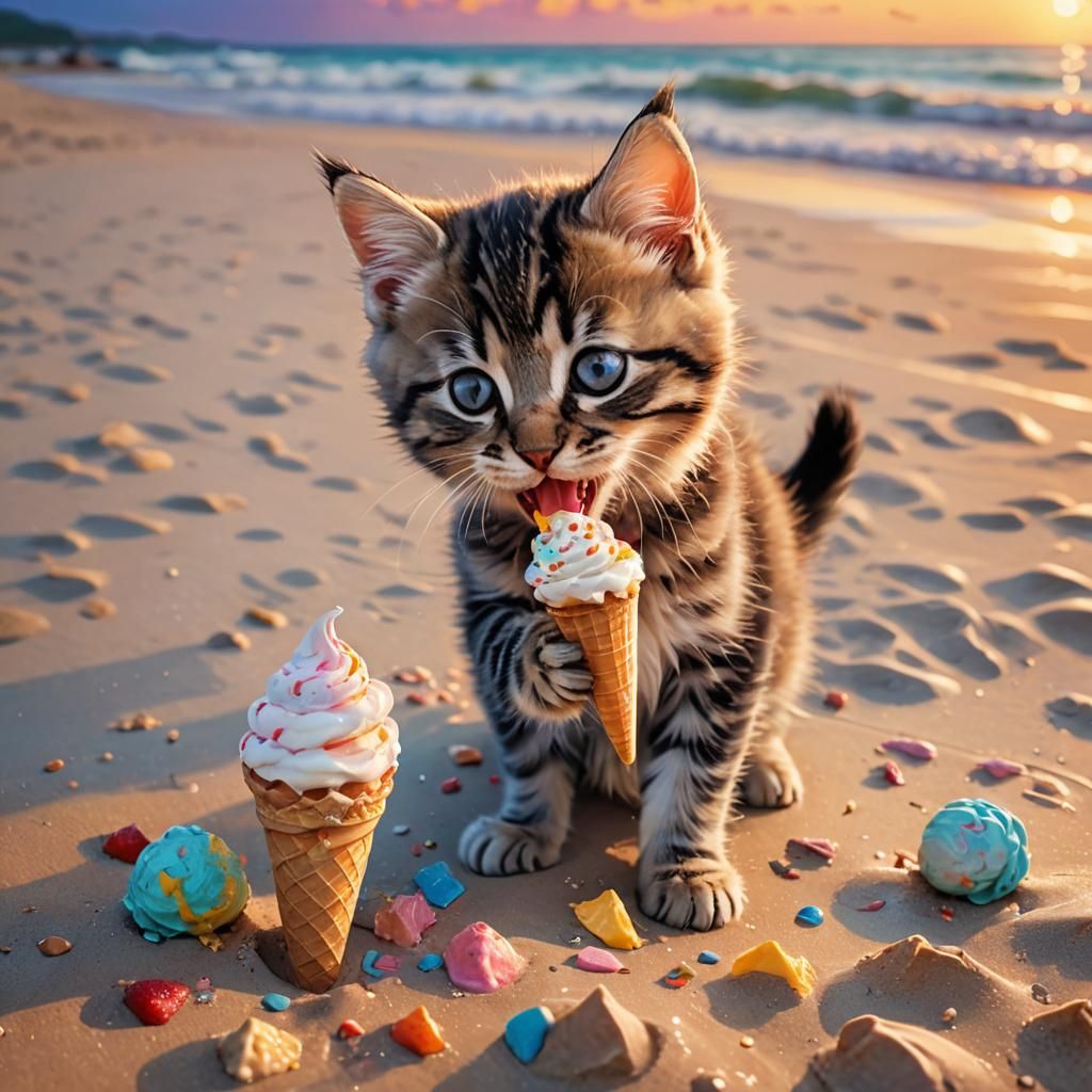 Kitten Licking Ice Cream on a Colorful Beach