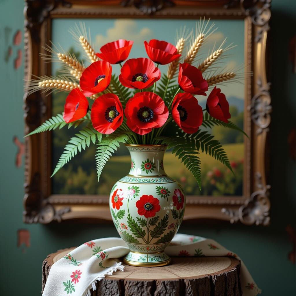 Brass and Ceramic Vase with Poppies: Hyperrealistic Digital ...