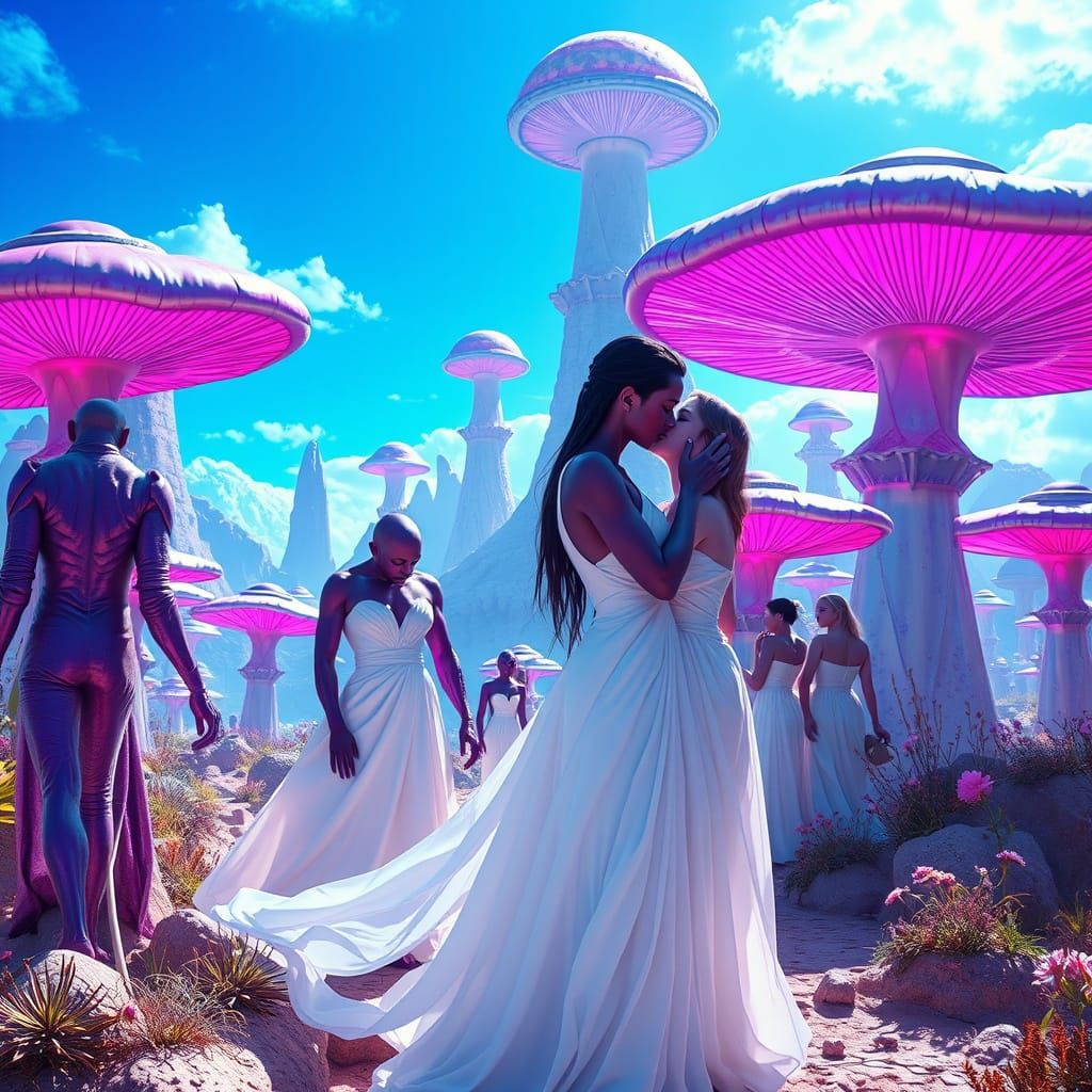 Whimsical Dreamworld with Vibrant Aliens and Ethereal Mushro...