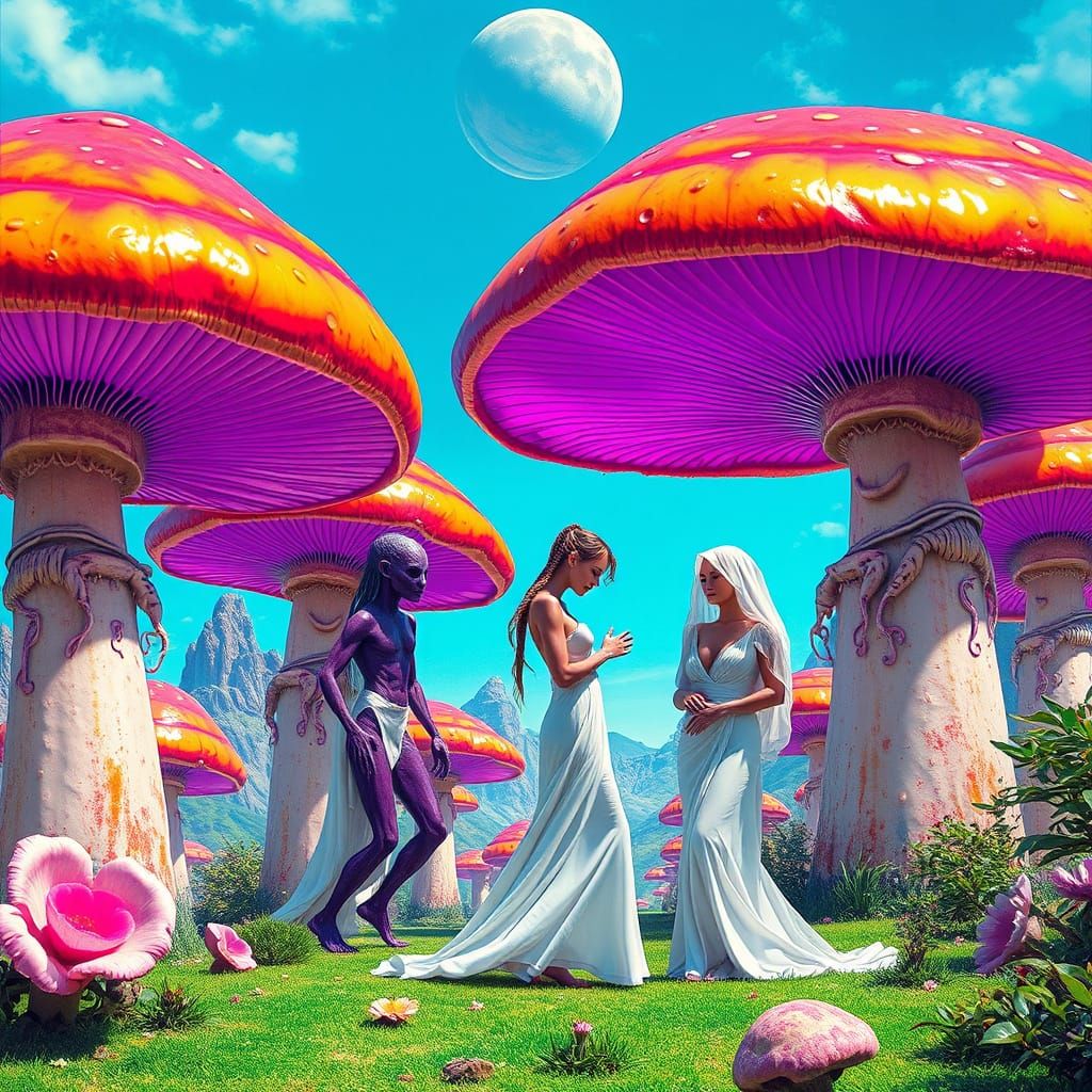 Romantic Alien Encounter in a Vibrant, Iridescent Landscape