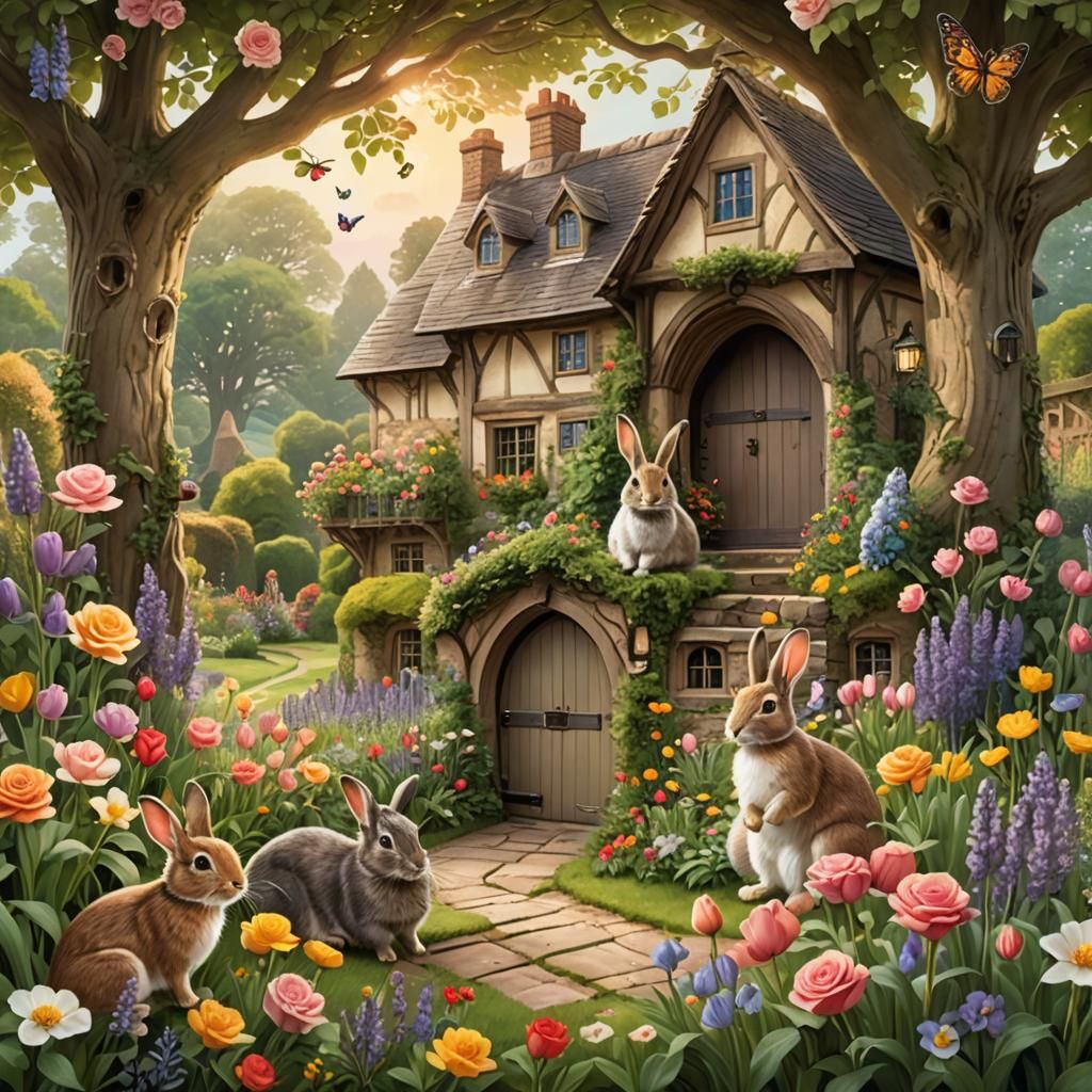Beatrix Potter Style Rabbit Family in Fantasy Garden
