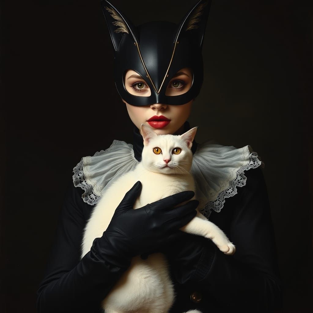 Mysterious Feline Figure with White Cat