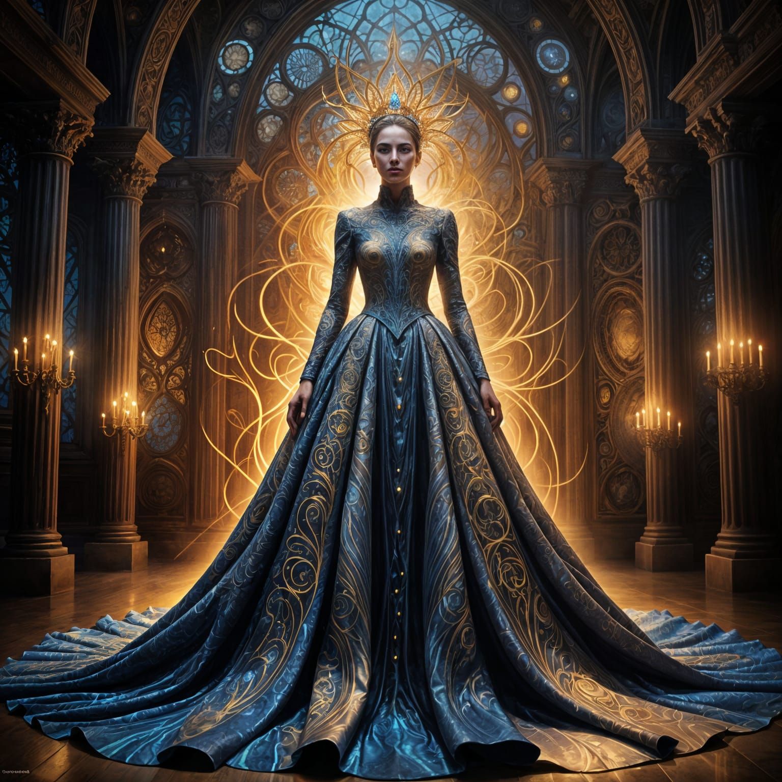 Ethereal Gown of Light and Ancient Symbols