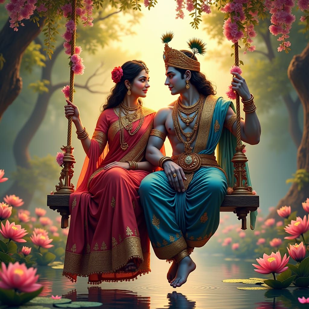 Radha and Krishna in Divine Garden, Hyper-Realistic Renderin...
