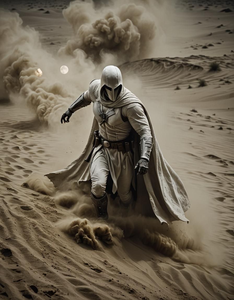 Moon Knight Dissolving into Sand with Cinematic Lighting