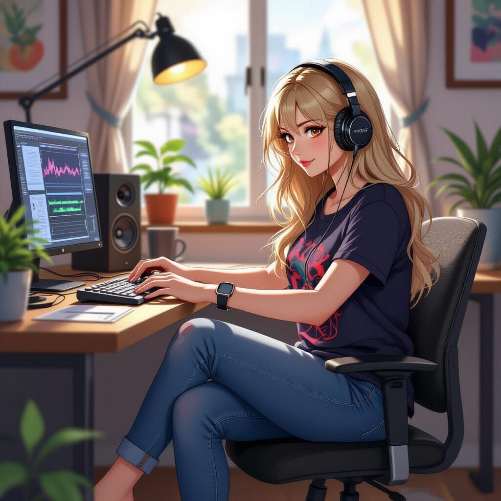 Woman Mixing Music in Anime Style with Klimt-Inspired Patter...