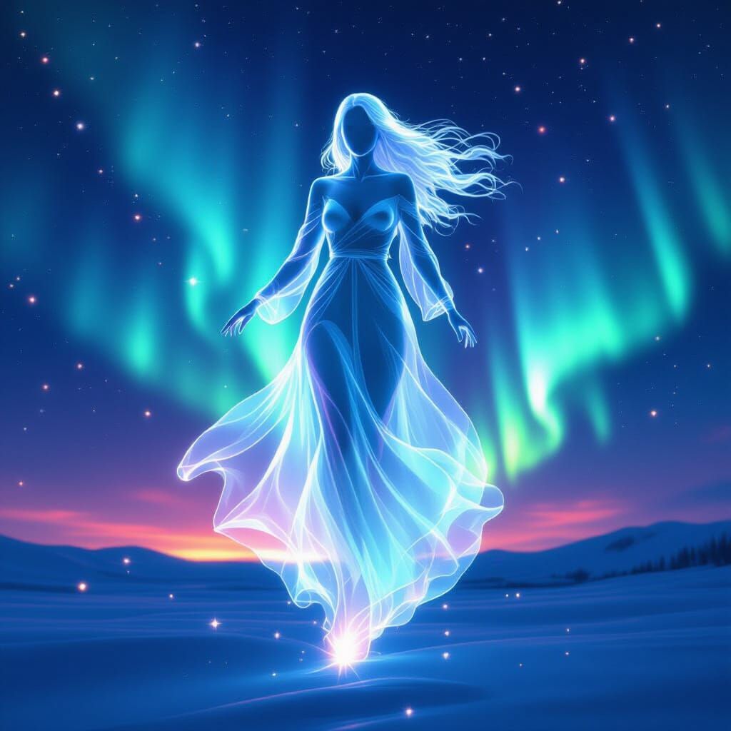 Ethereal Ghost Woman Floating in Aurora Borealis