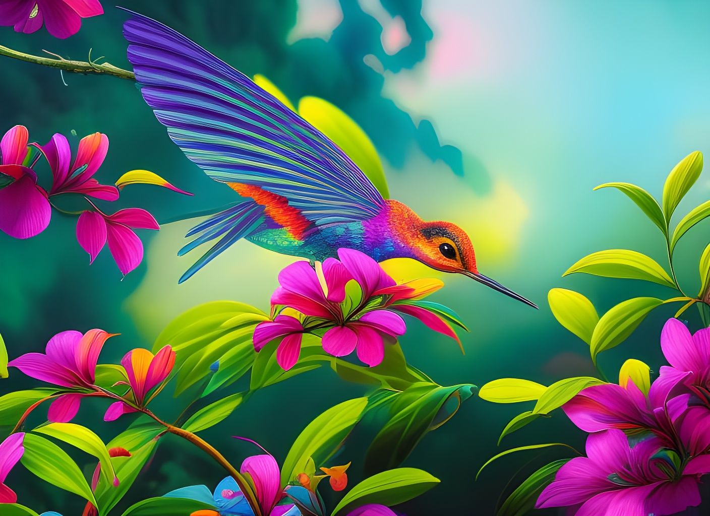Luminous Hummingbird in Jungle Paradise: 3D Digital Art