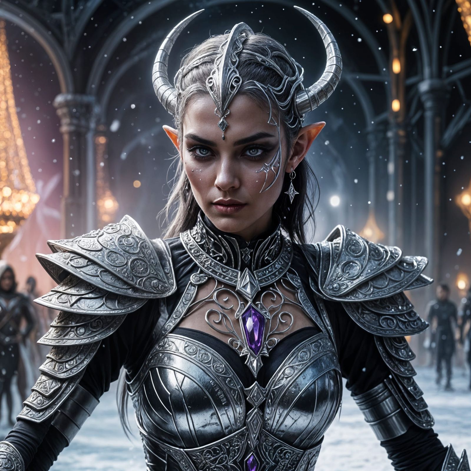 Vibrant Drow Ice Dancer in Shimmering Sci-Fi Armor